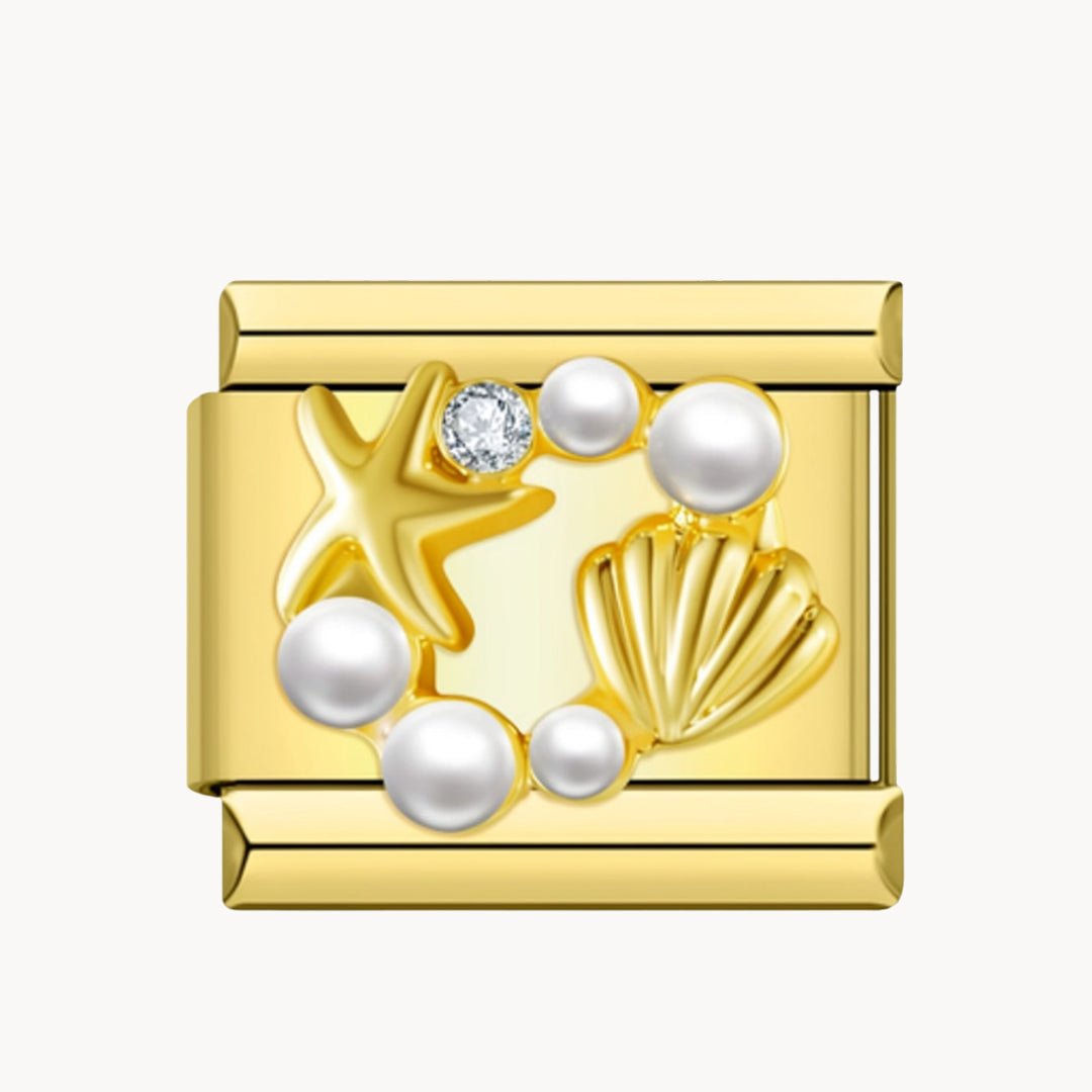 Charm italien Charm coquillage avec perles : coquillages dorés, étoile de mer et perles blanches