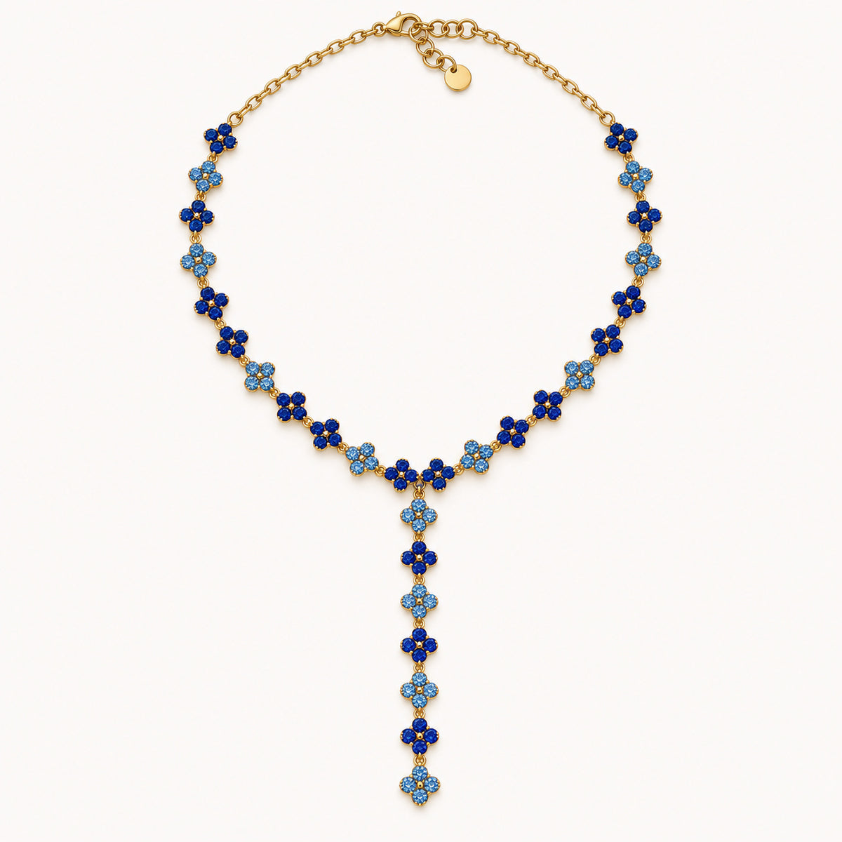 Collier Anastasia bleu, collier en Y à trèfles sertis de strass bleus