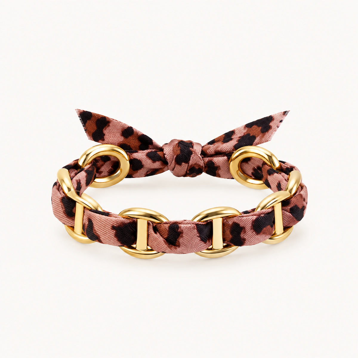 Jonc Dahlia, bracelet ruban léopard rose et anneaux dorés