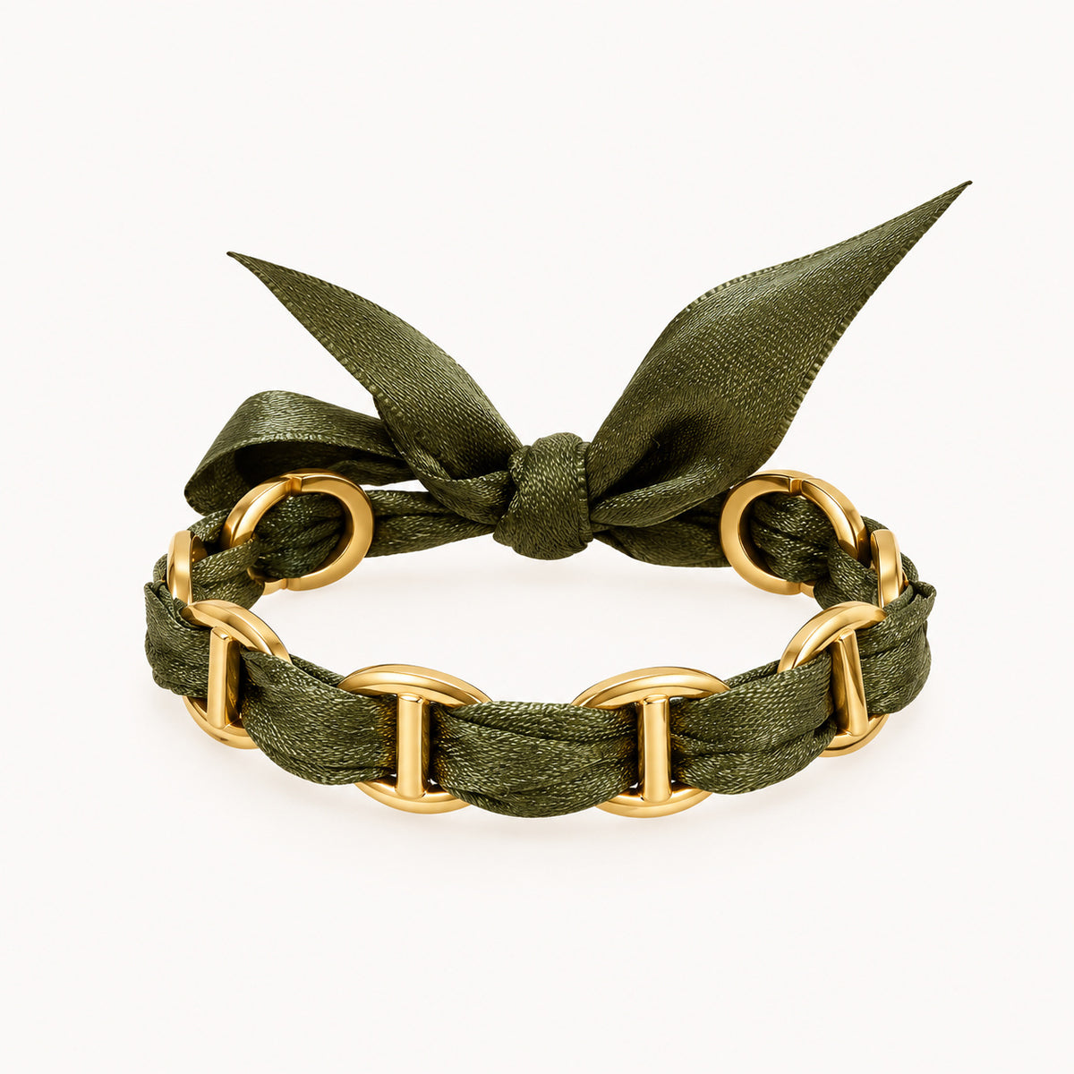 Jonc Olive, bracelet ruban satin kaki et anneaux dorés