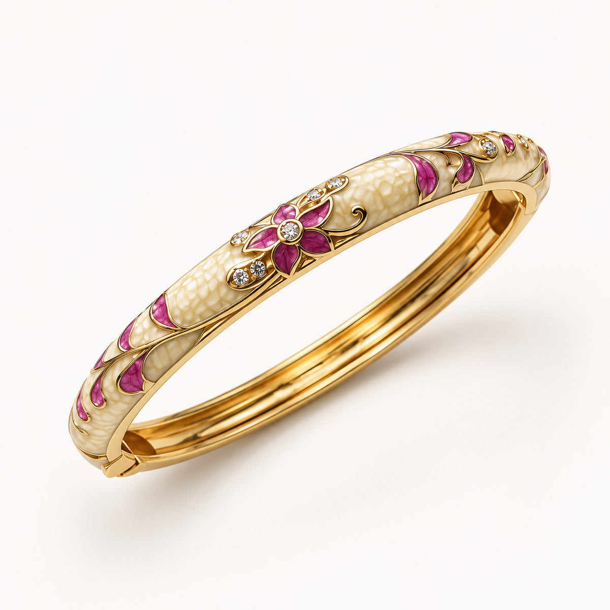Jonc Perla, bracelet jonc émaillé ivoire et mauve à strass